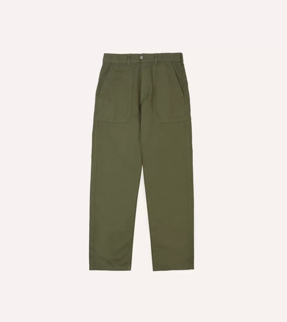 Drake's Cotton-Linen Herringbone Fatigue Trouser Olive Flash Sale