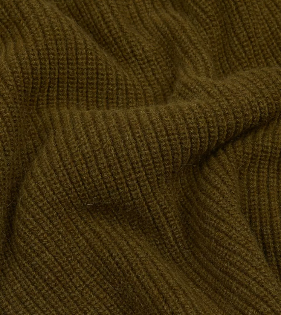 Drake's Green Alpaca Lambswool Ribbed Integral Collar Jumper Olive Clearance