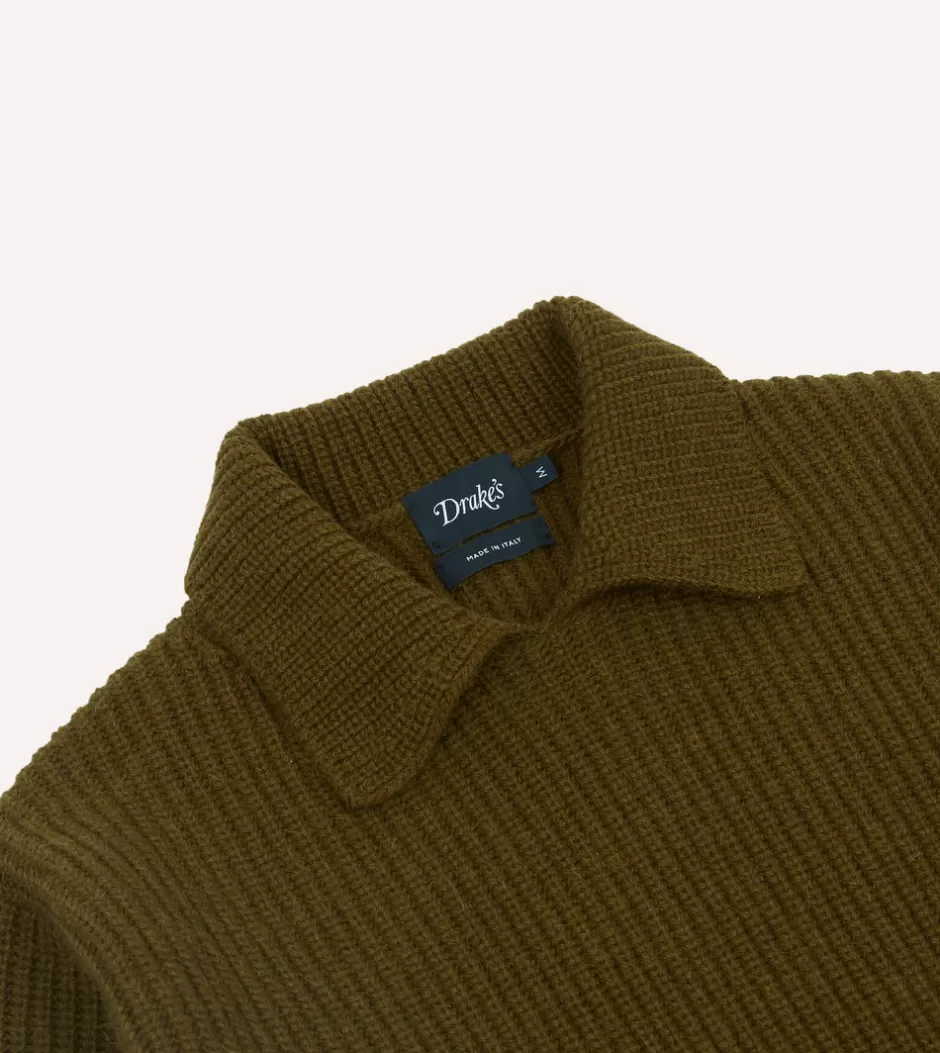 Drake's Green Alpaca Lambswool Ribbed Integral Collar Jumper Olive Clearance