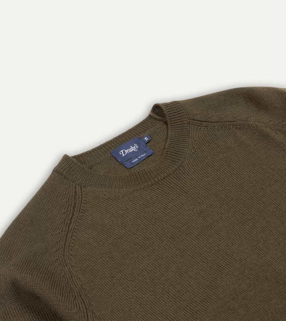 Drake's Green Merino Crew Neck Jumper Olive Sale