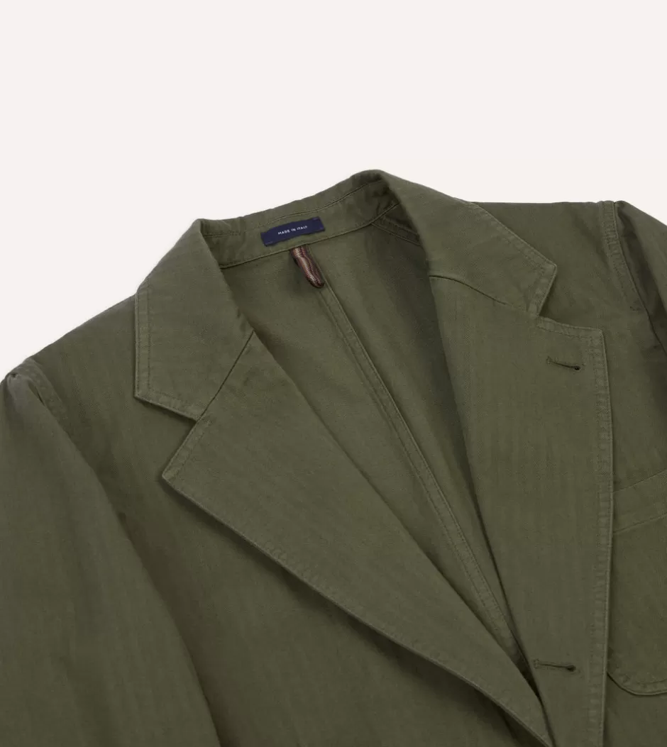 Drake's Herringbone Cotton Games Blazer Mk. I Olive Sale