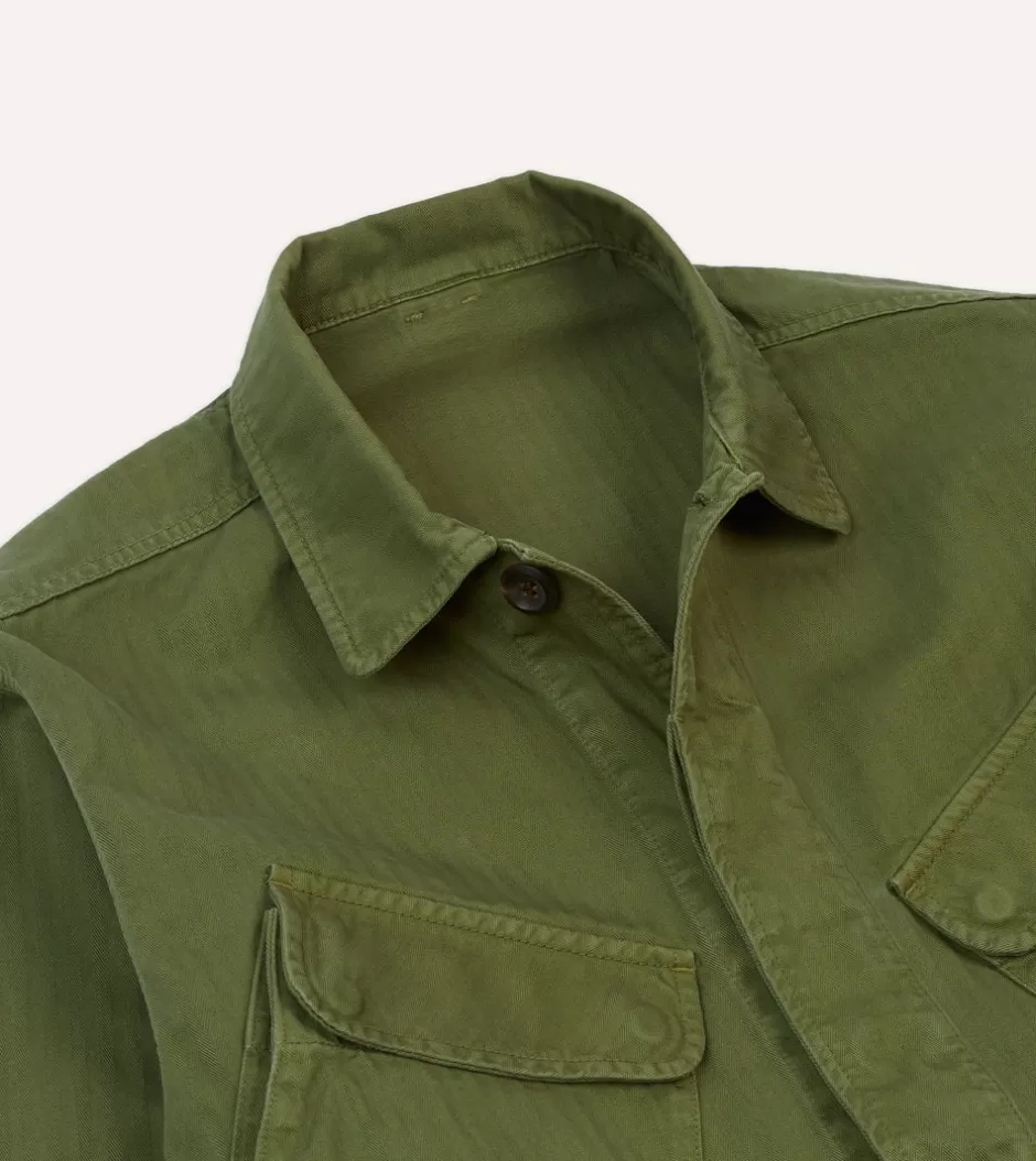 Drake's Olive Herringbone Cotton Jungle Jacket Discount