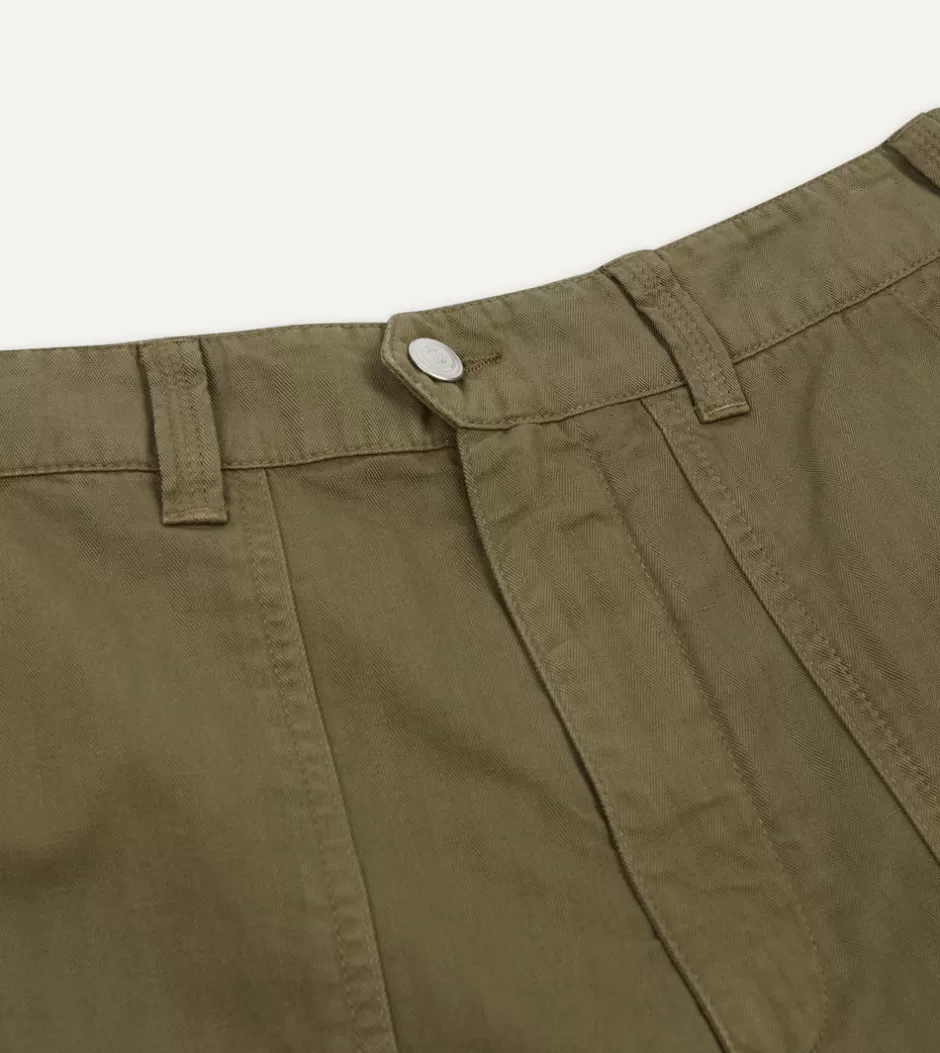 Drake's Olive Herringbone Cotton Linen Fatigue Shorts Store