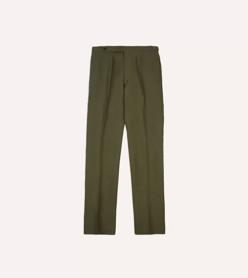 Drake's Irish Linen Single Pleat Trouser Olive Outlet