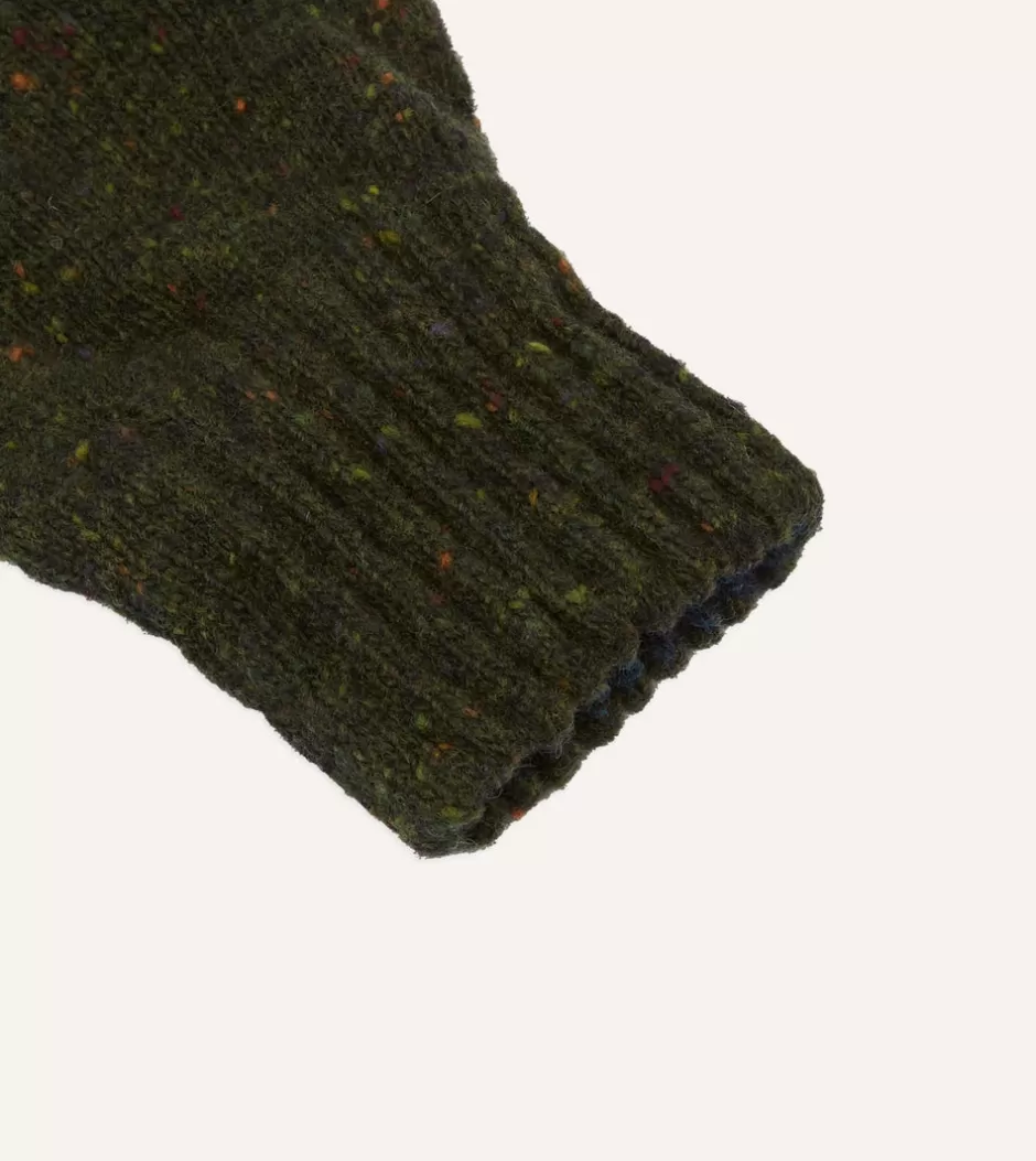 Drake's Merino Wool Knitted Gloves Olive Flash Sale