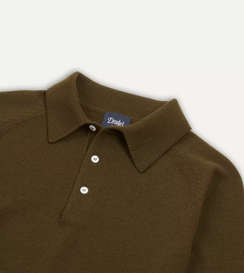 Drake's Merino Wool Knitted Polo Olive Online