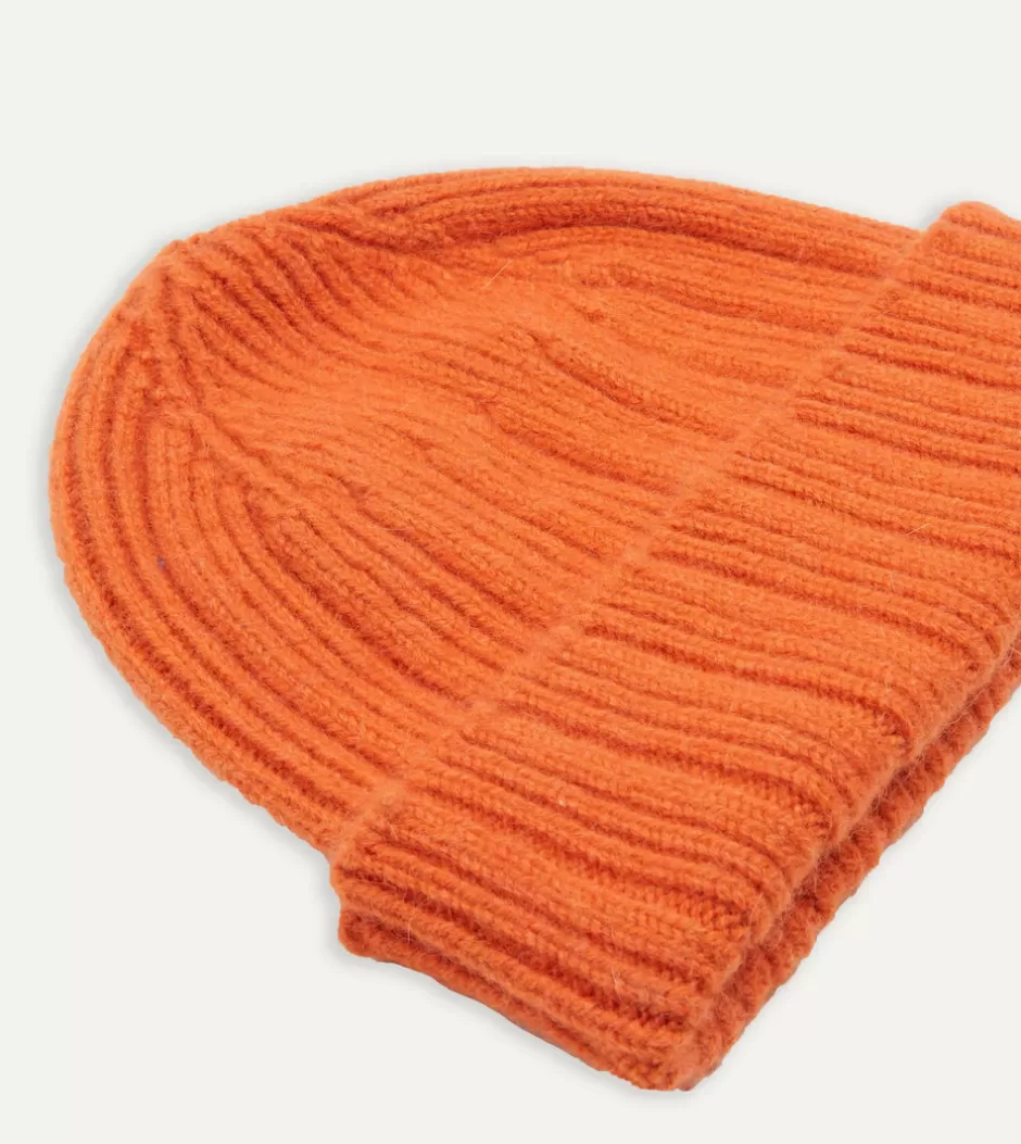 Drake's Angora Lambswool Ribbed Knit Cap Orange Discount