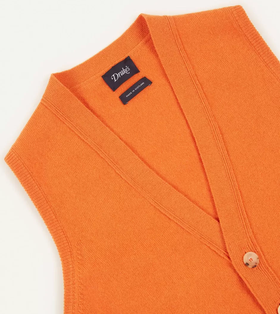 Drake's Lambswool Sleeveless Cardigan Orange Clearance