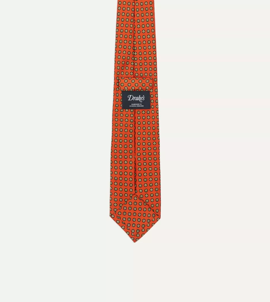 Drake's Orange Micro Geometric Print Silk Self Tipped Tie Sale