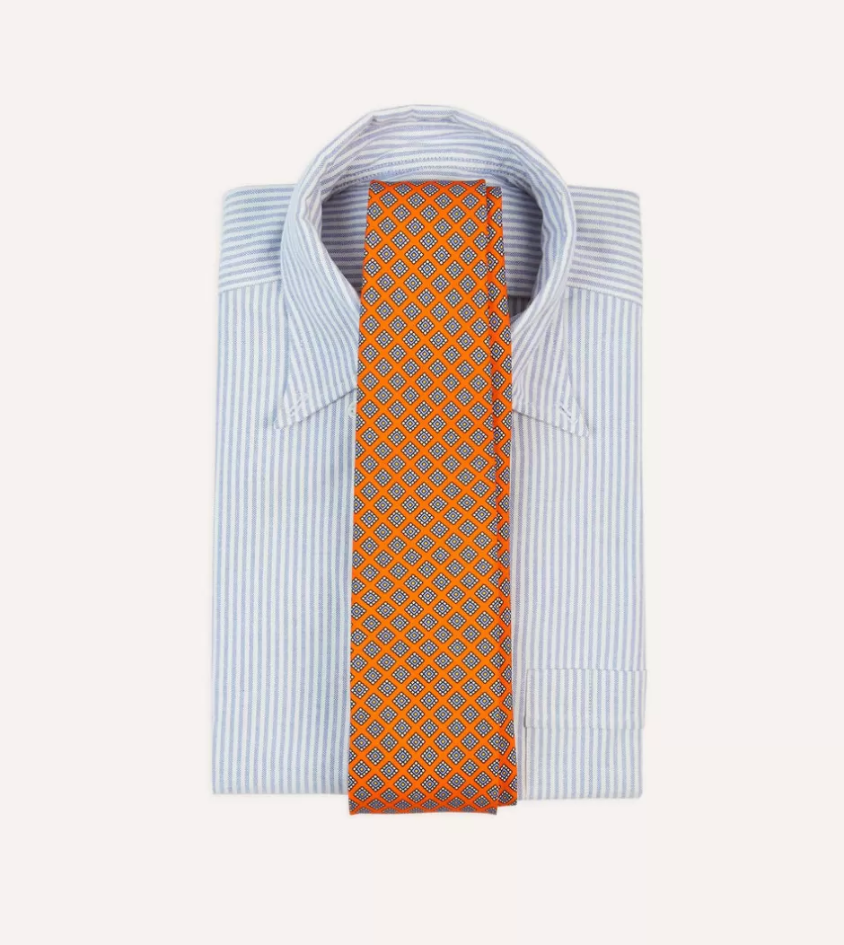 Drake's Square Medallion Self-Tipped Silk Tie Orange Hot