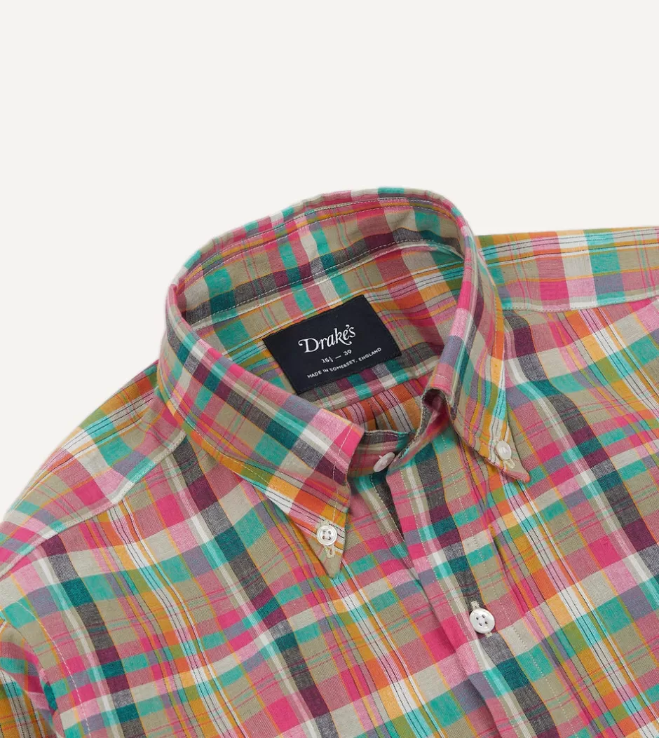 Drake's Pink And Green Madras Check Cotton Button-Down Shirt Hot