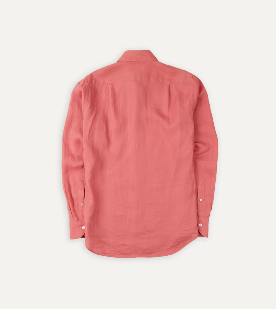 Drake's Linen Spread Collar Shirt Pink Clearance