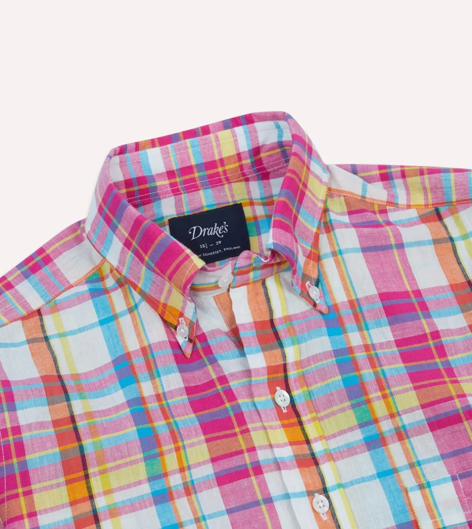 Drake's Pink Madras Check Cotton Button-Down Shirt Hot