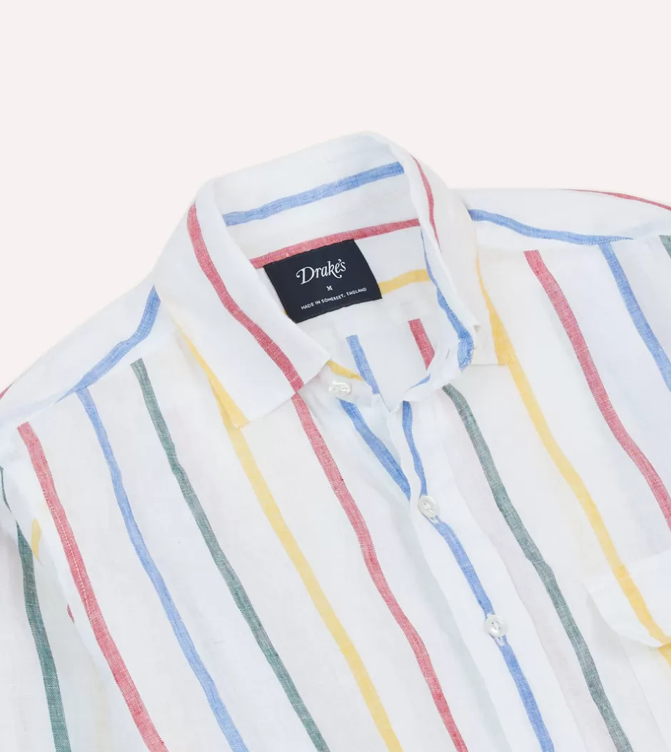 Drake's Primary Stripe Linen Spread Collar Shirt Sale