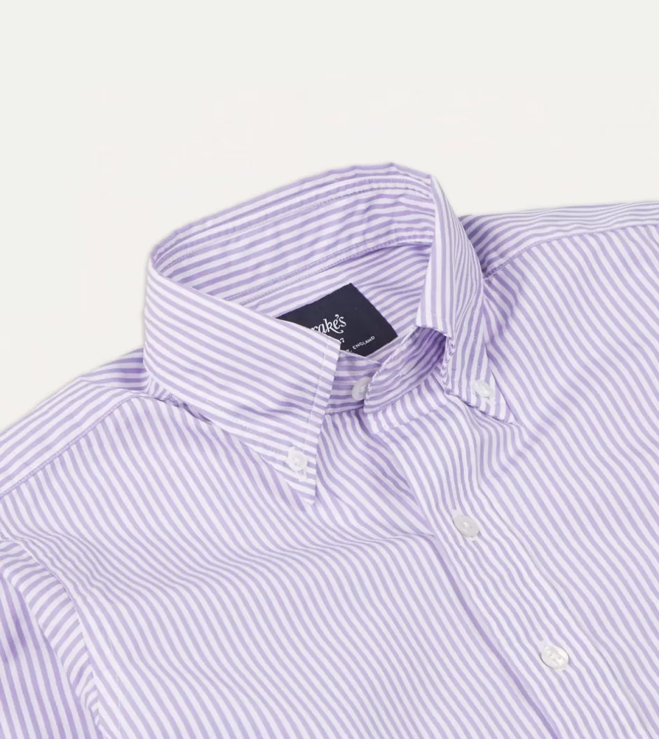 Drake's Bengal Stripe Cotton Poplin Button-Down Shirt Purple Clearance