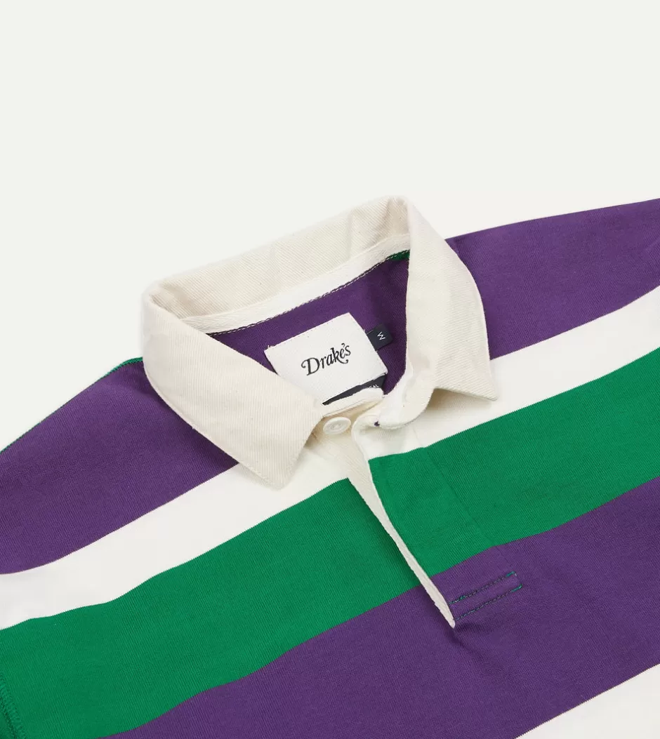 Drake's Purple, Green And White Stripe Cotton Rugby Shirt Outlet