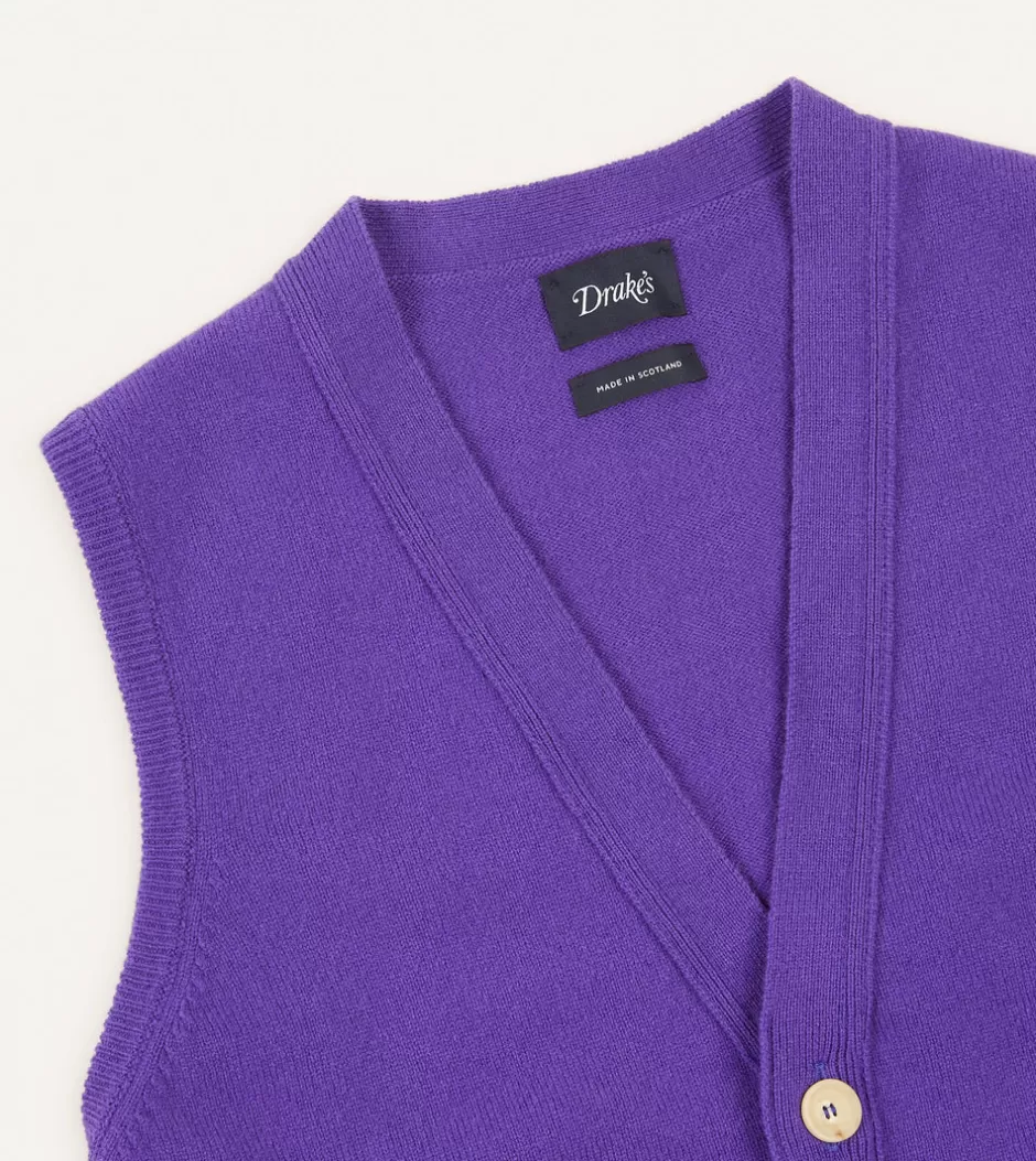 Drake's Lambswool Sleeveless Cardigan Purple New