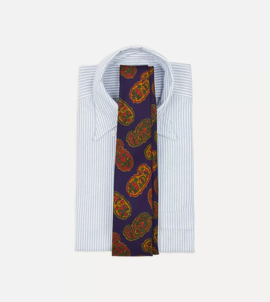 Drake's Purple Large Paisley Print Silk Self Tipped Tie Flash Sale