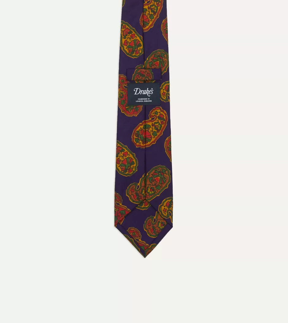 Drake's Purple Large Paisley Print Silk Self Tipped Tie Flash Sale