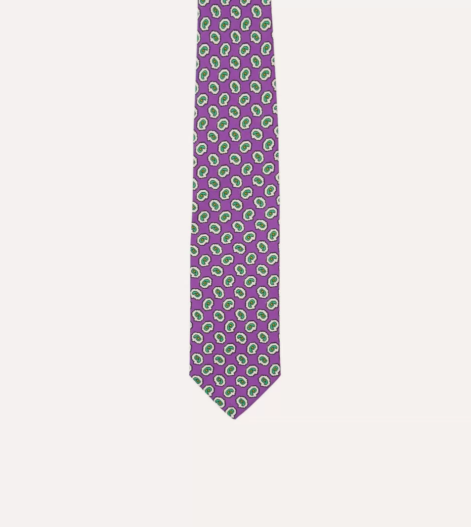 Drake's Small Paisley Leaf Print Silk Self Tipped Tie Purple Best Sale