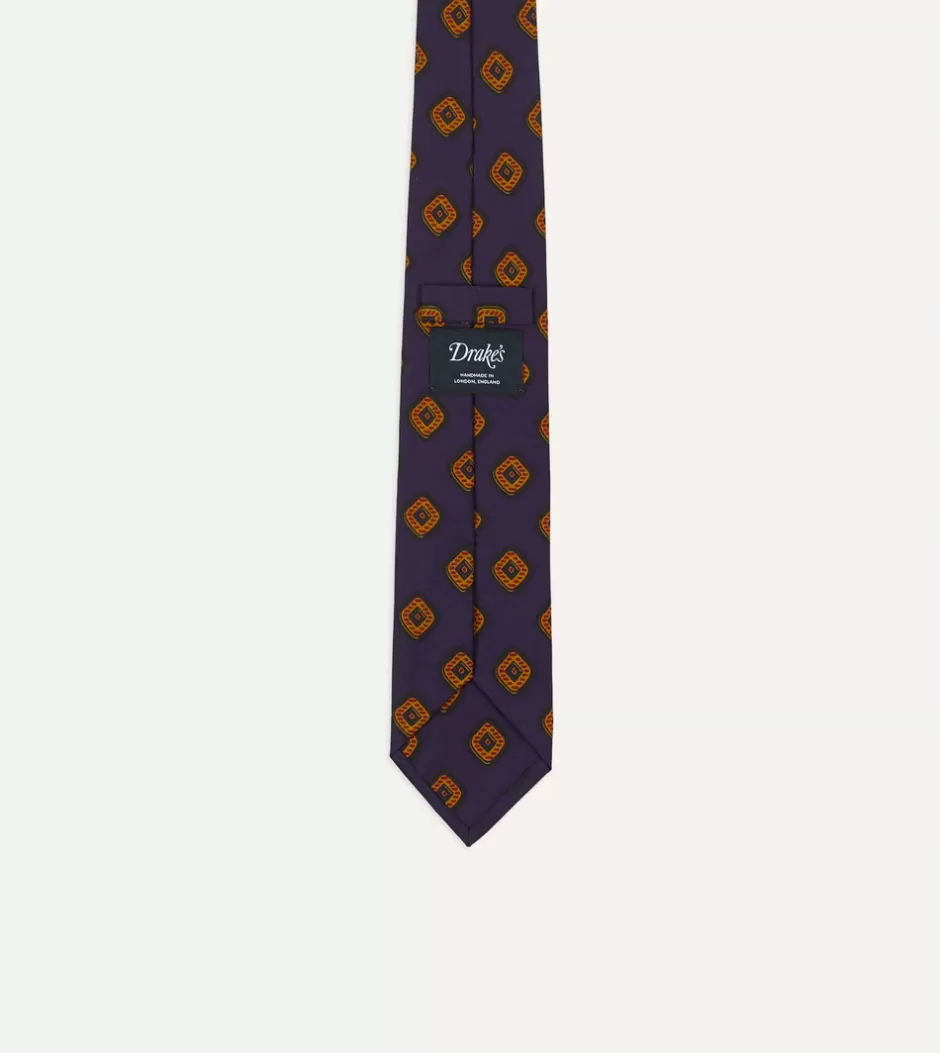 Drake's Purple Tile Print 36oz Madder Silk Self Tipped Tie Clearance