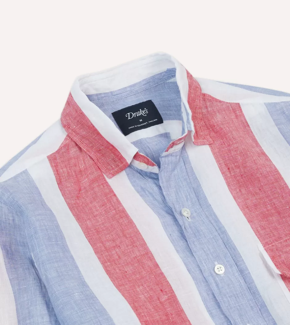 Drake's Red And Blue Stripe Linen Spread Collar Shirt Shop