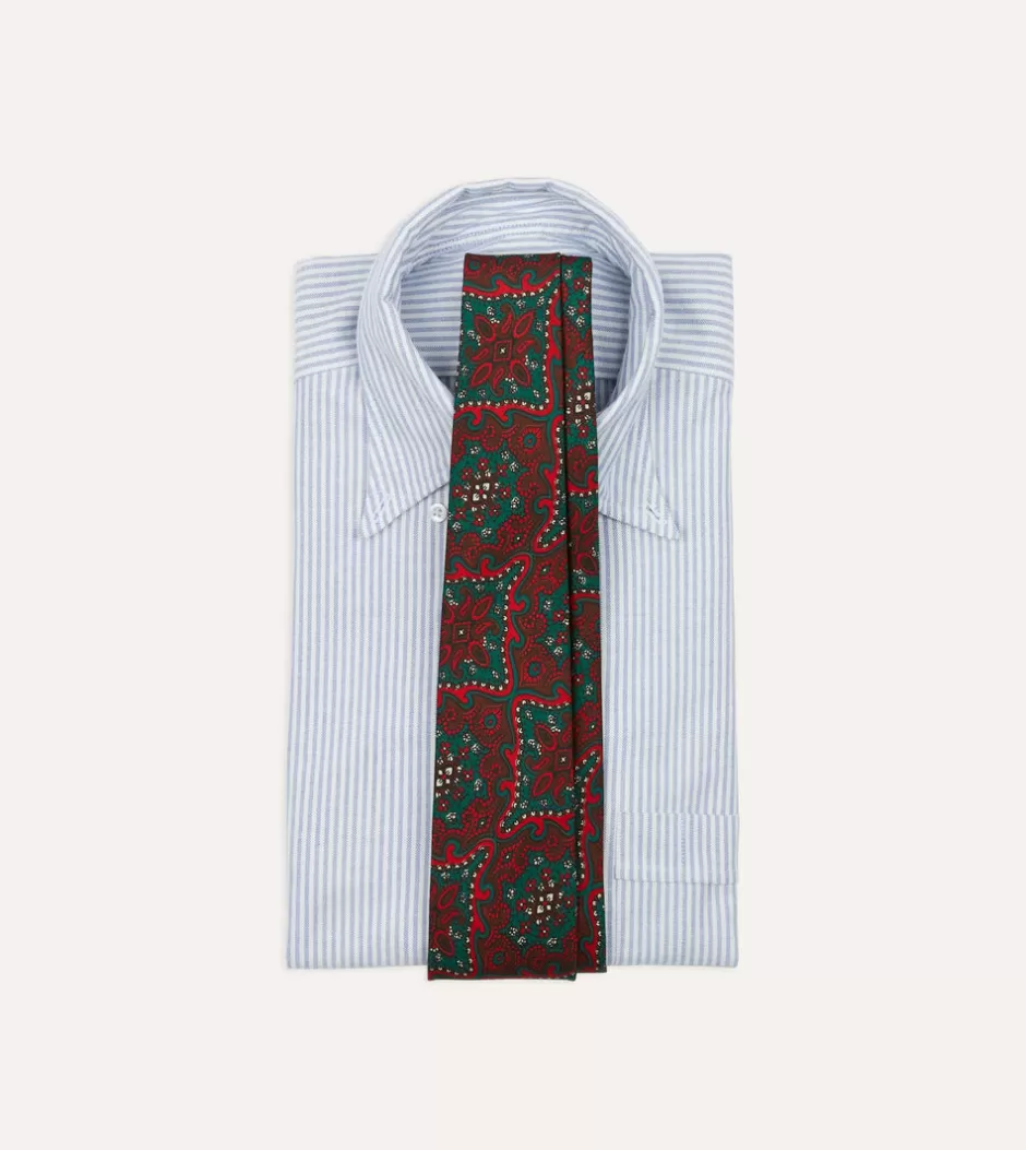 Drake's Red And Green Baroque Print Silk Self Tipped Tie Outlet