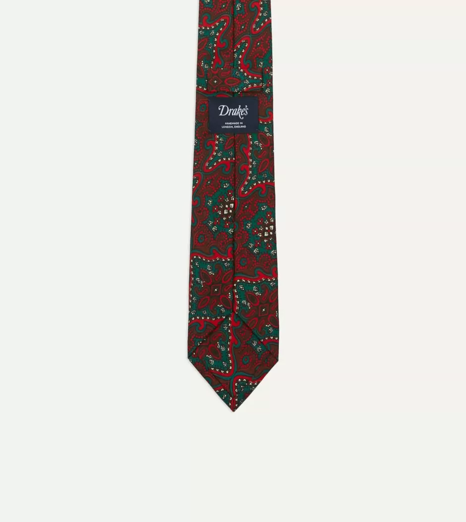 Drake's Red And Green Baroque Print Silk Self Tipped Tie Outlet