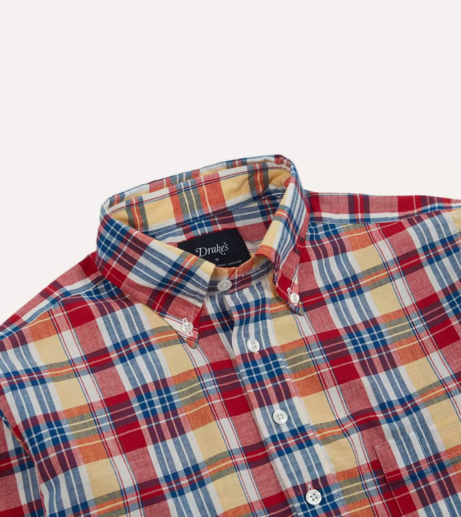 Drake's Red And Yellow Madras Check Cotton Button-Down Popover Shirt Hot