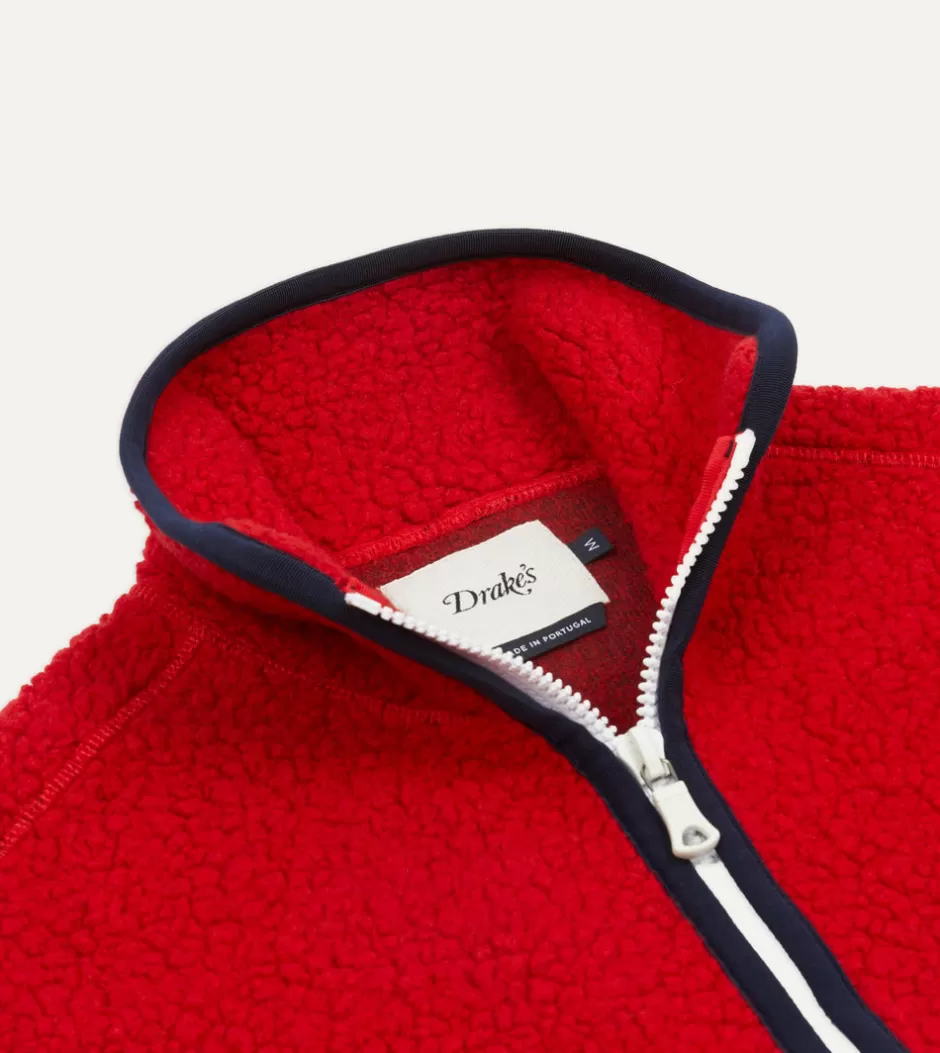 Drake's Boucle Wool Zip Fleece Vest Red Outlet