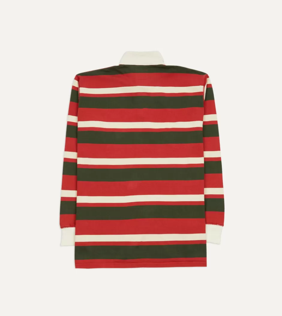 Drake's Red, Green And Ecru Stripe Cotton Rugby Shirt Best