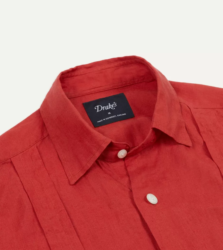 Drake's Red Linen Short Sleeve Cuban Shirt Flash Sale