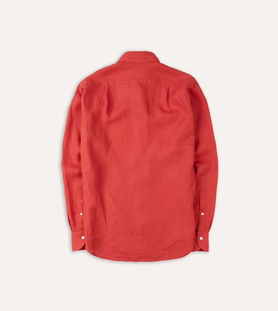 Drake's Linen Spread Collar Shirt Red Fashion