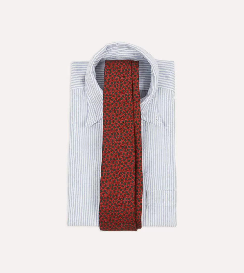 Drake's Red Mini Leaves Print Foulard Silk Self Tipped Tie Cheap