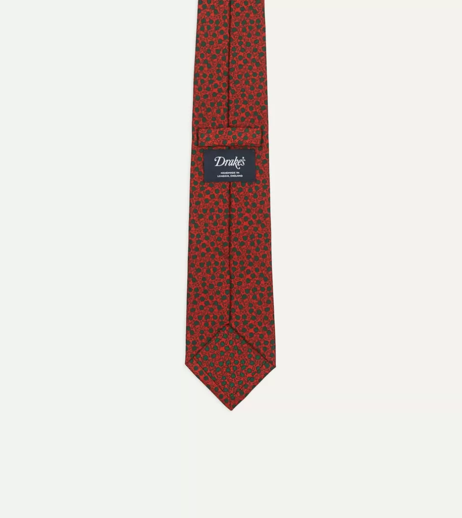 Drake's Red Mini Leaves Print Foulard Silk Self Tipped Tie Cheap