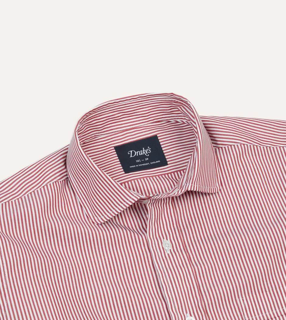 Drake's Red Narrow Stripe Poplin Club Collar Shirt Fashion