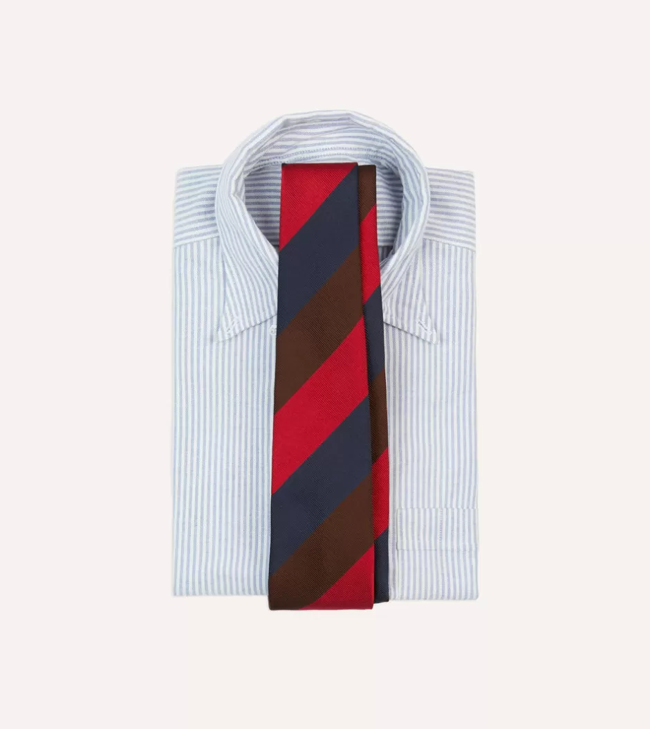 Drake's Red, Navy And Brown Stripe Tipped Repp Silk Tie Outlet