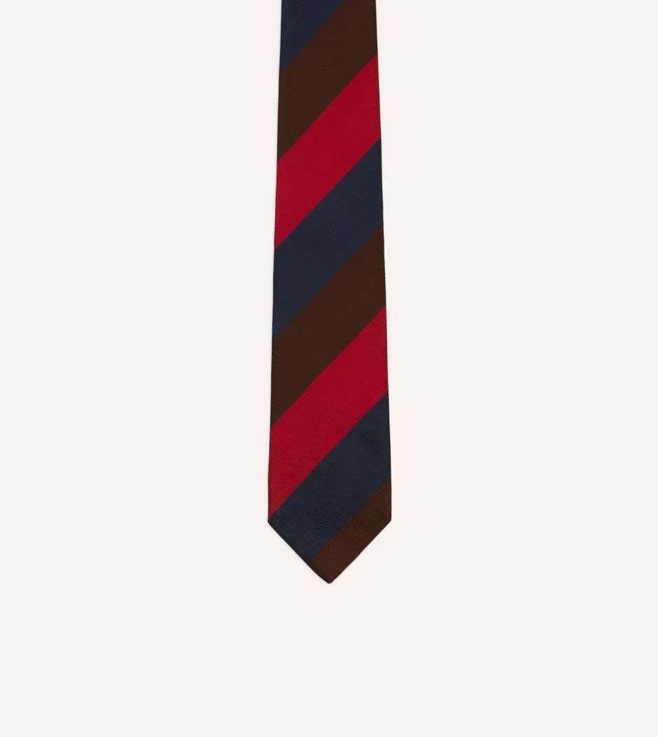 Drake's Red, Navy And Brown Stripe Tipped Repp Silk Tie Outlet