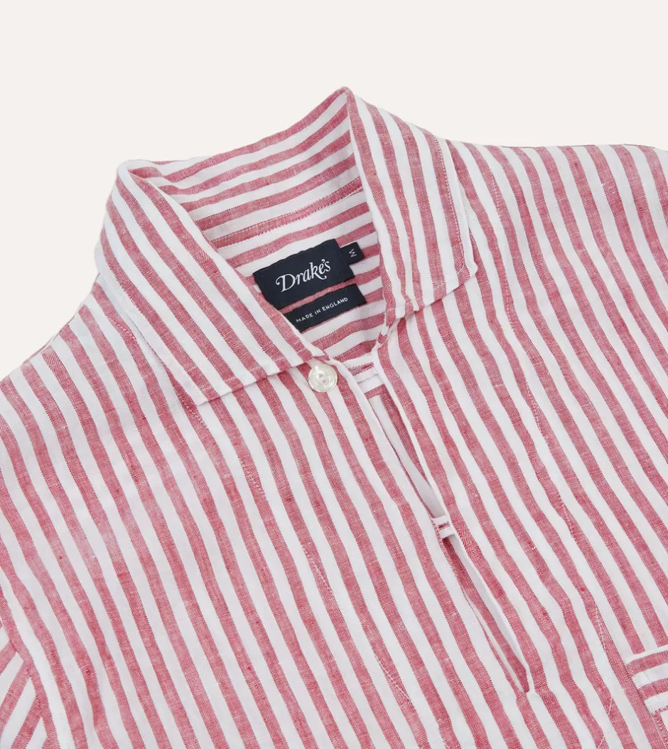 Drake's Stripe Linen Smock Shirt Red Online