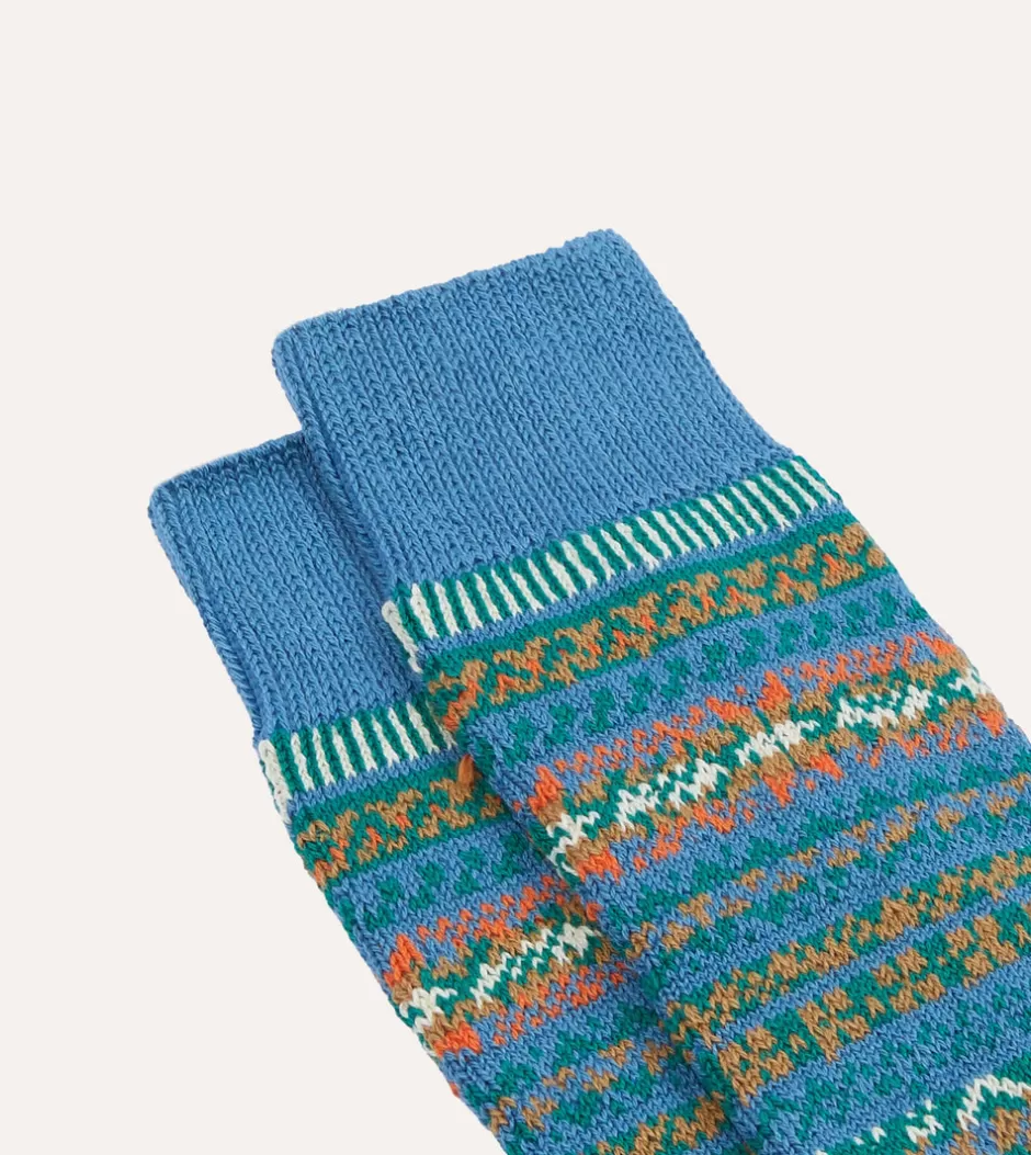 Drake's RoToTo Blue Cotton Fair Isle Socks Flash Sale