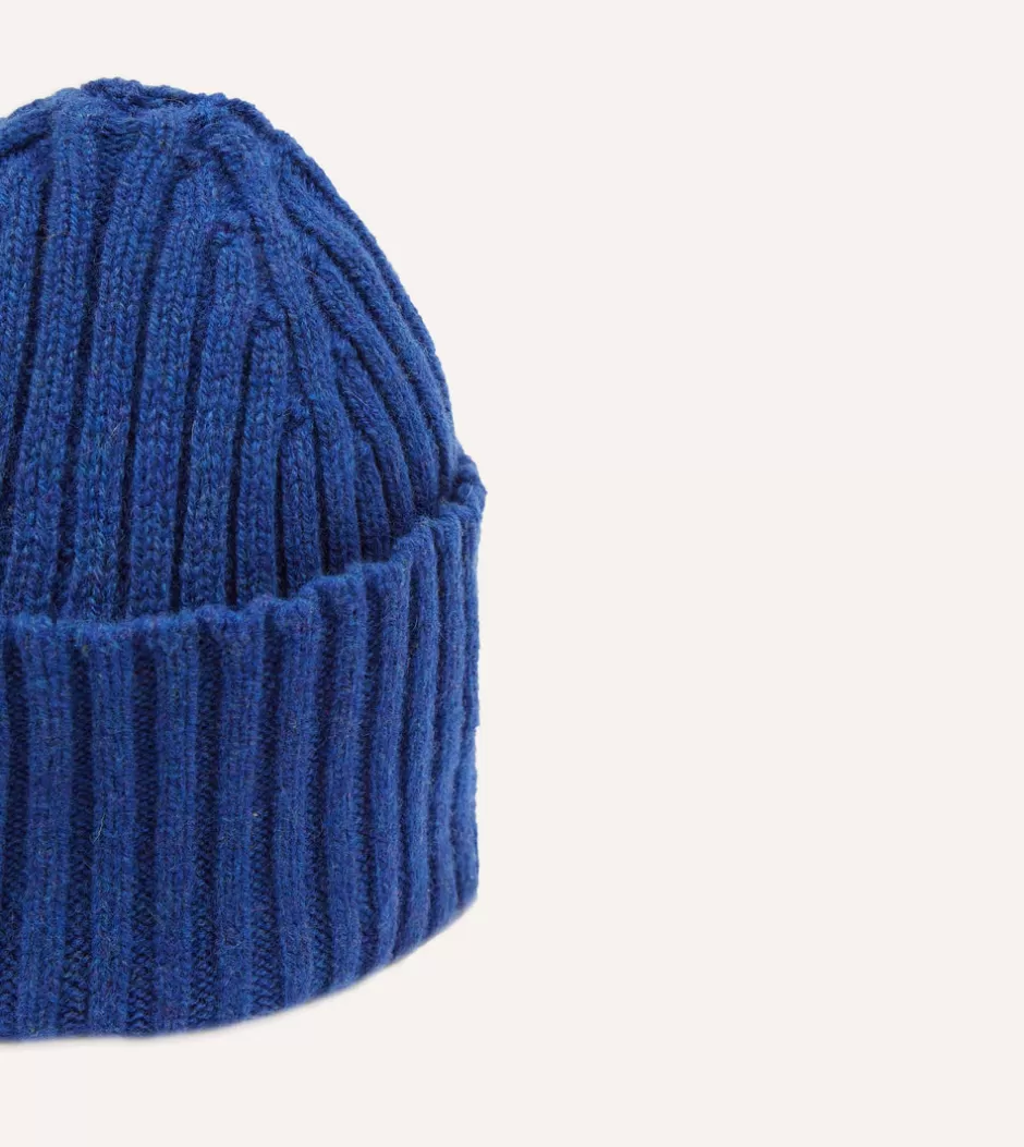 Drake's Lambswool Ribbed Knit Cap Royal blue Cheap