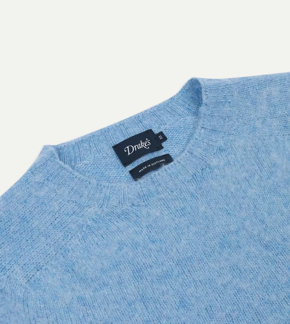 Drake's Brushed Shetland Crew Neck Jumper Sky blue Clearance