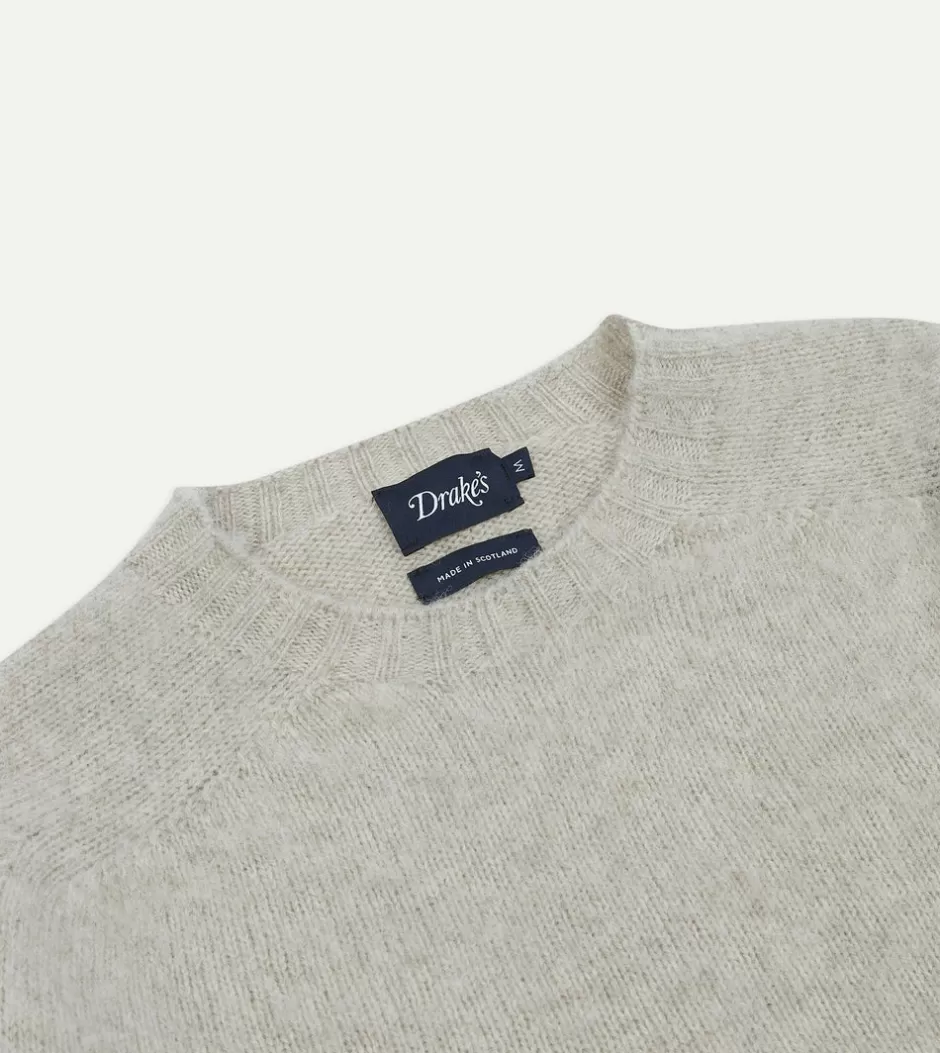 Drake's Brushed Shetland Crew Neck Jumper Stone Clearance