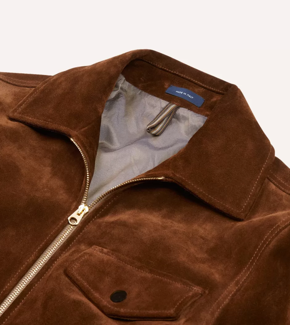 Drake's Tobacco Heavyweight Suede A-2 Bomber Jacket Store