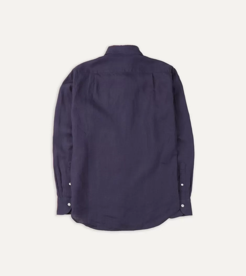 Drake's Linen Spread Collar Shirt Washed navy Store