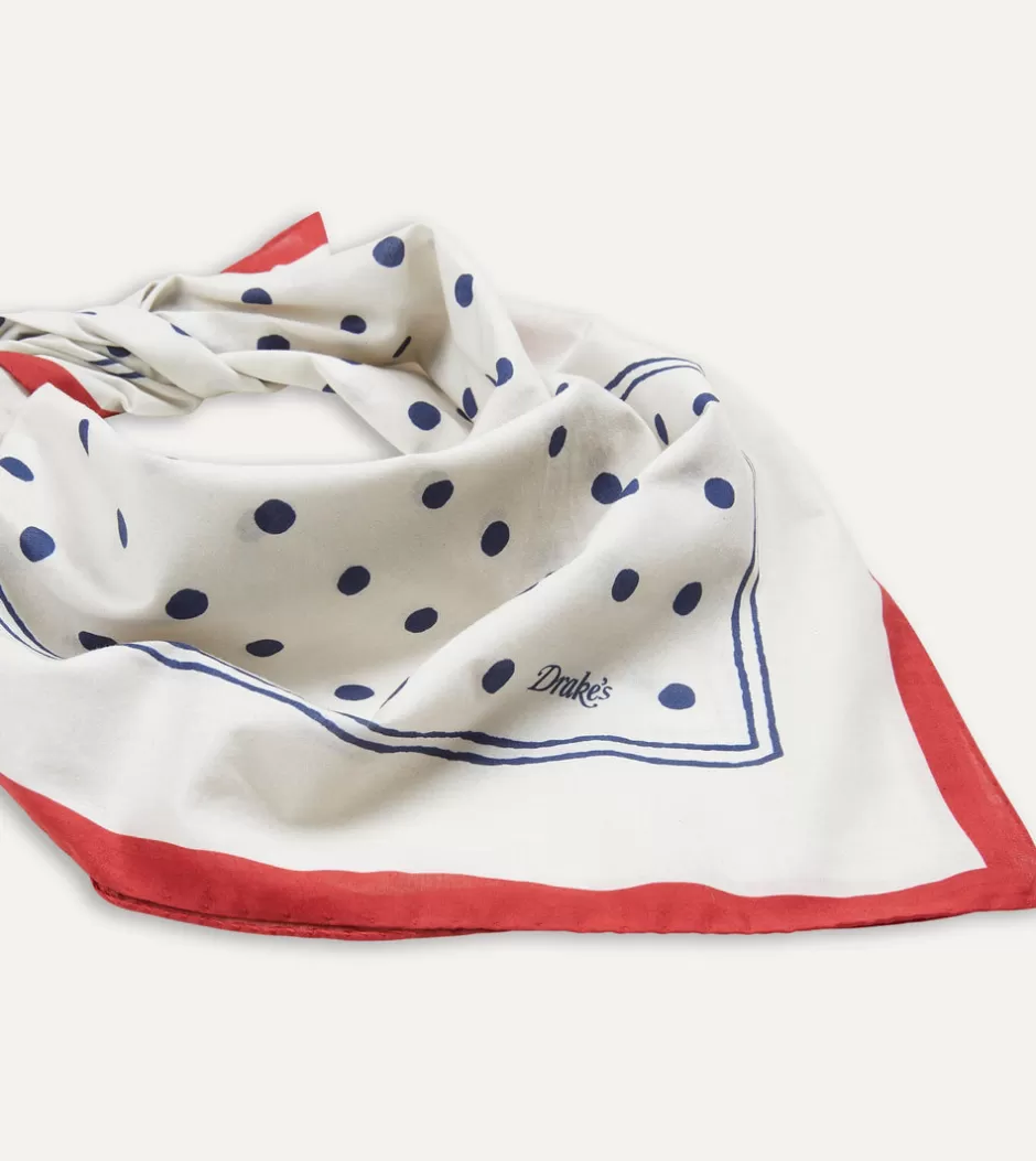 Drake's White And Navy Polka Dot Print Bandana Cheap