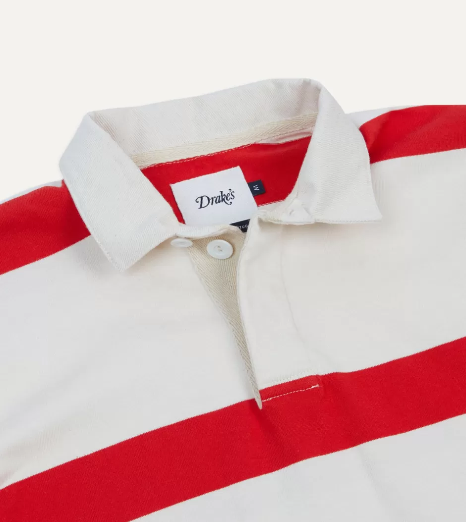 Drake's White And Red Stripe Cotton Rugby Shirt Fashion