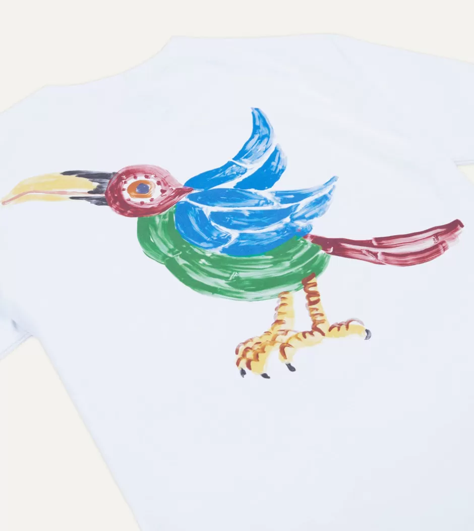 Drake's White Bird Graphic Cotton Crew Neck Hiking T-Shirt Hot