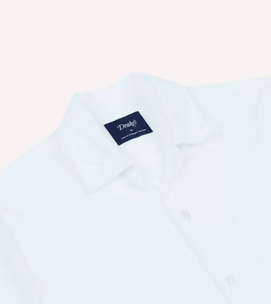 Drake's White Cotton-Linen Seersucker Camp Collar Short Sleeve Shirt Cheap