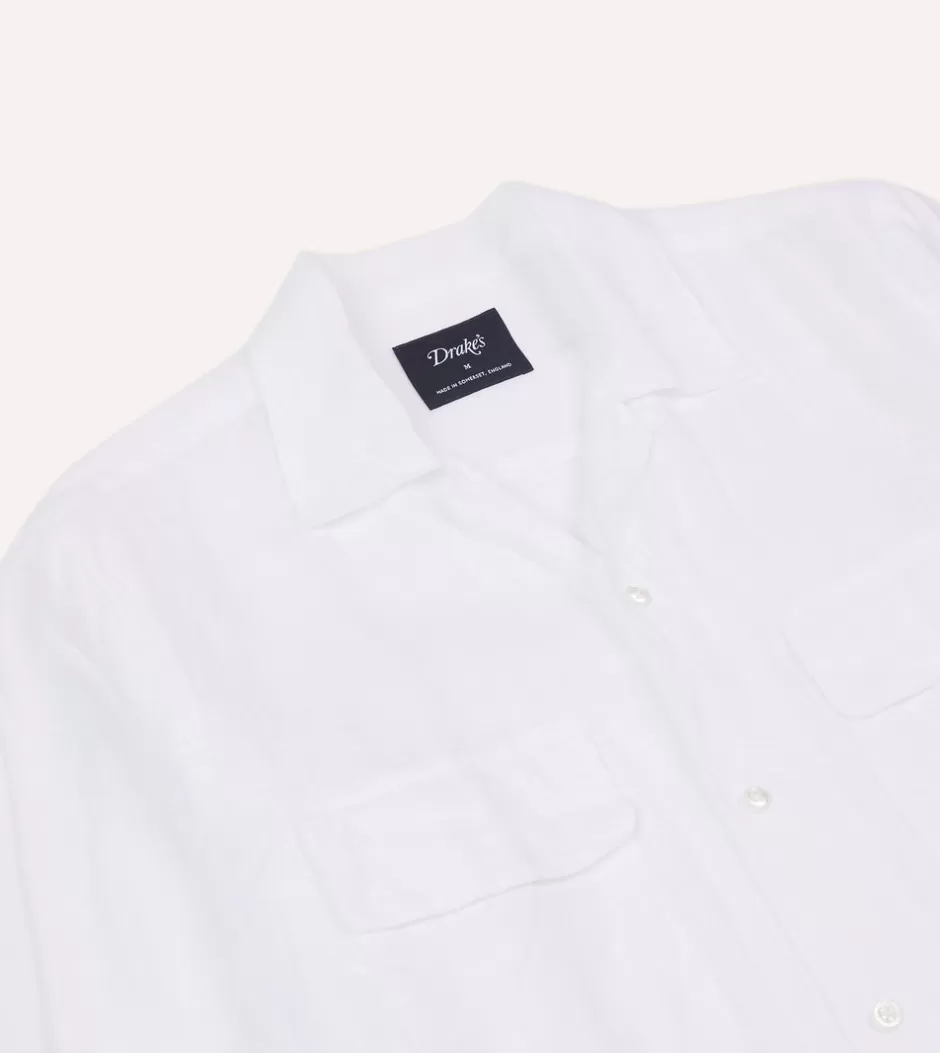 Drake's Linen Camp Collar Long Sleeve Shirt White Best Sale